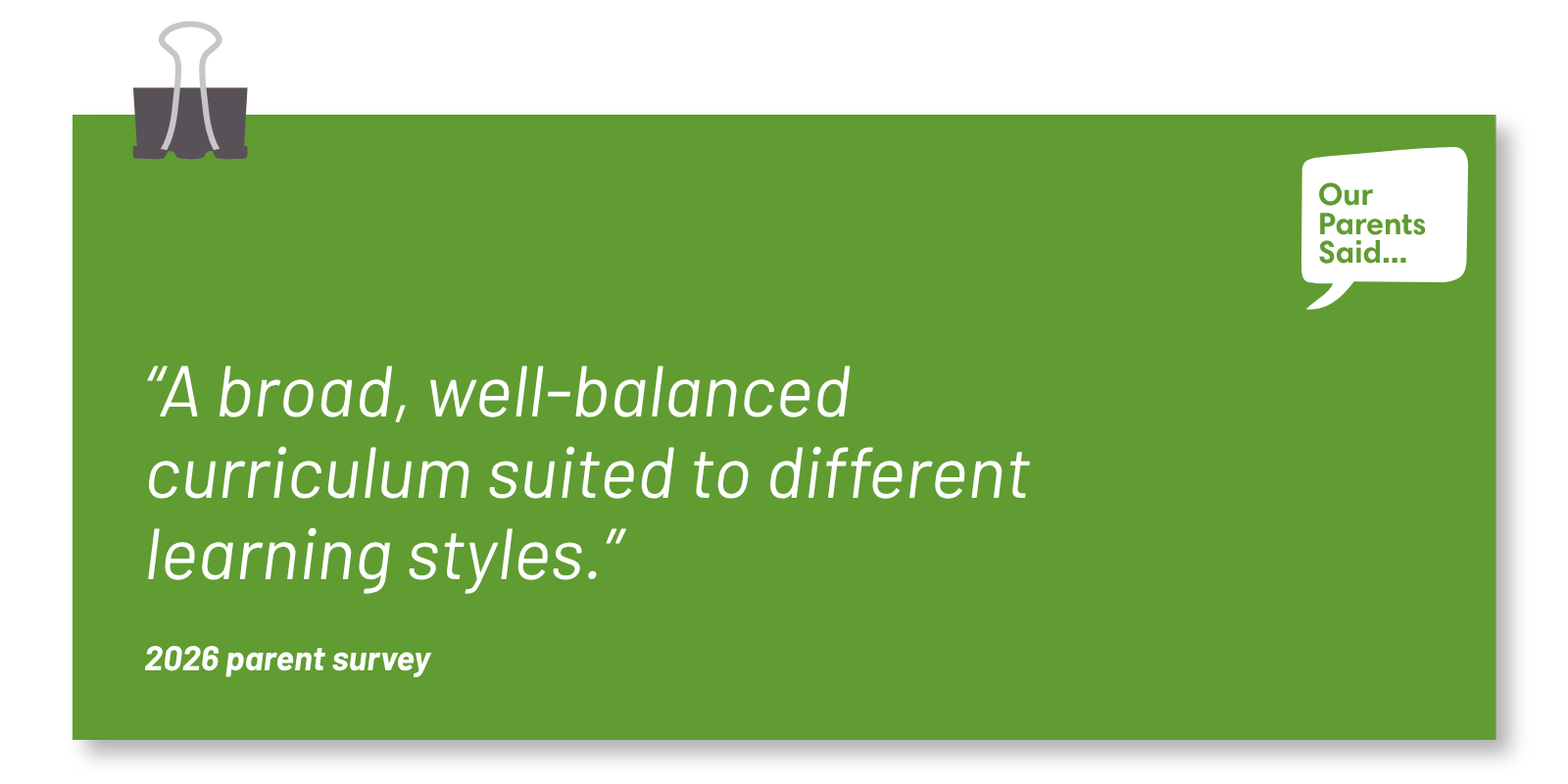 “A broad, well-balanced curriculum suited to different learning styles.”   2026 Parent Survey Quote