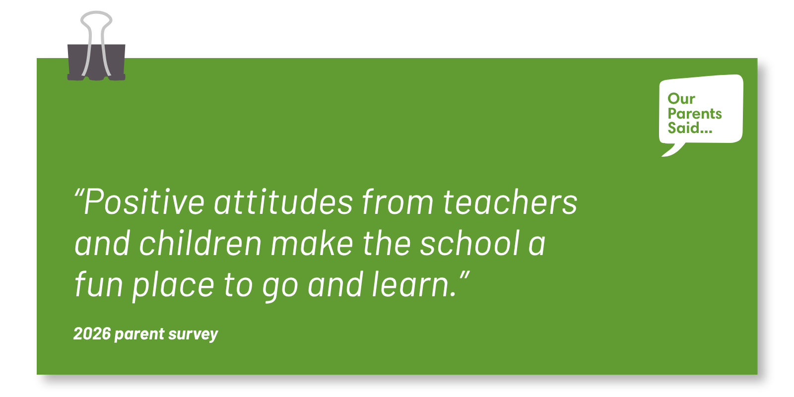 “Positive attitudes from teachers and children make the school a fun place to go and learn.”   2026 Parent Survey Quote