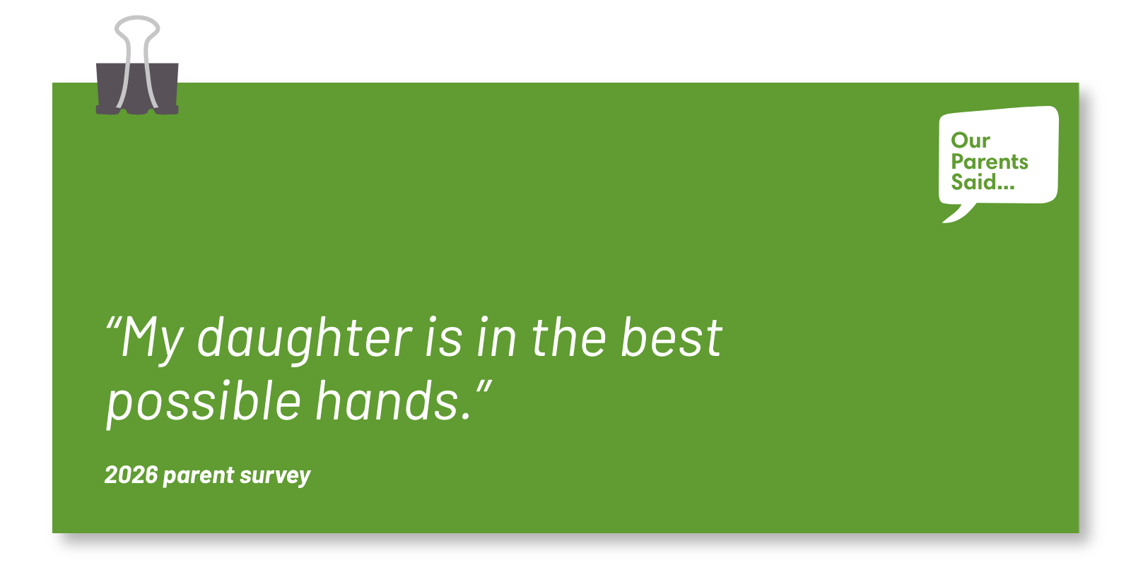 “My daughter is in the best possible hands.”   2026 Parent Survey Quote