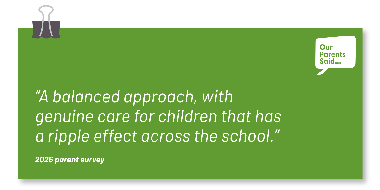 “A balanced approach, with genuine care for children that has a ripple effect across the school.”   2026 Parent Survey Quote